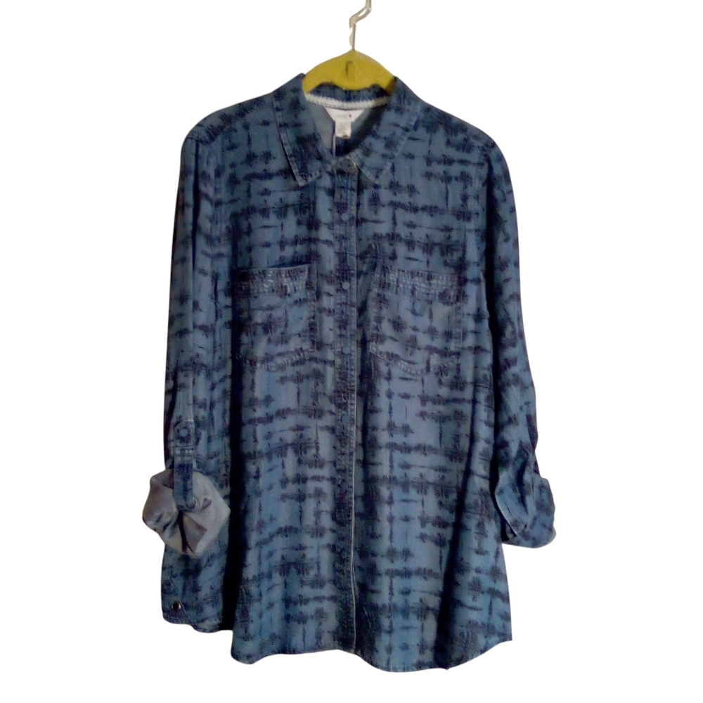 Intro Petite Large Lyocell Western Cowgirl Soft Roll Tab Sleeve Snap Front Shirt